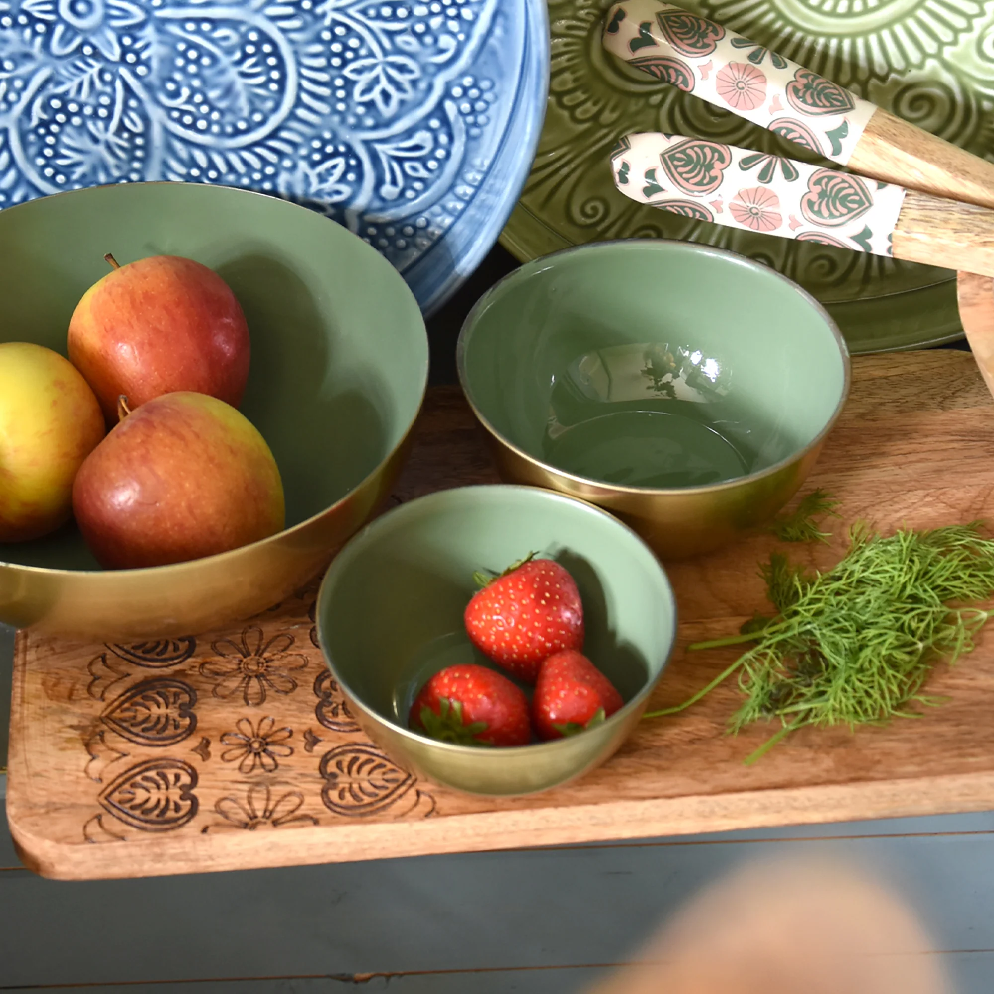 Small Olive Green Metal & Enamel Round Bowl