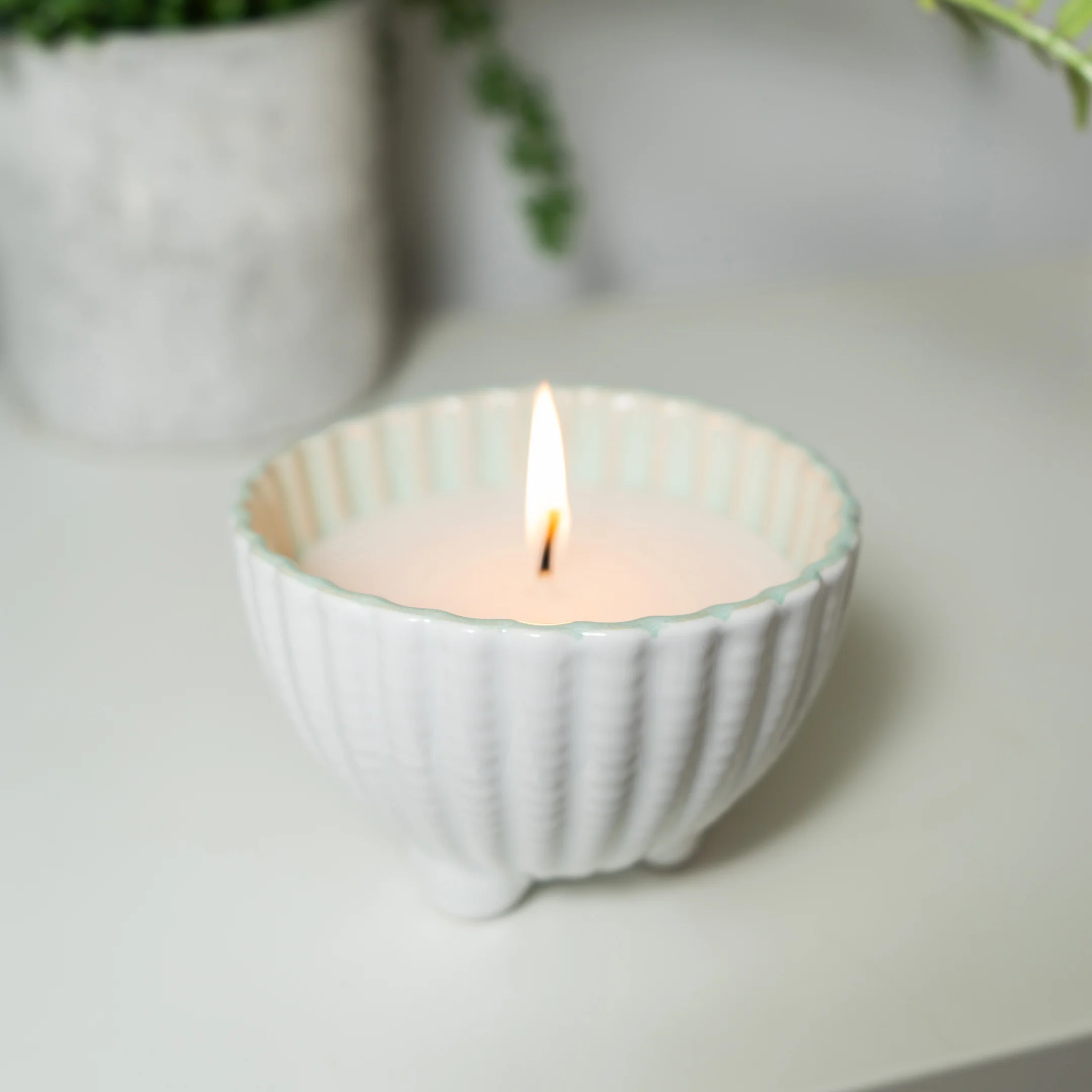 Small Shell Candle in a Reactive Glaze Pot