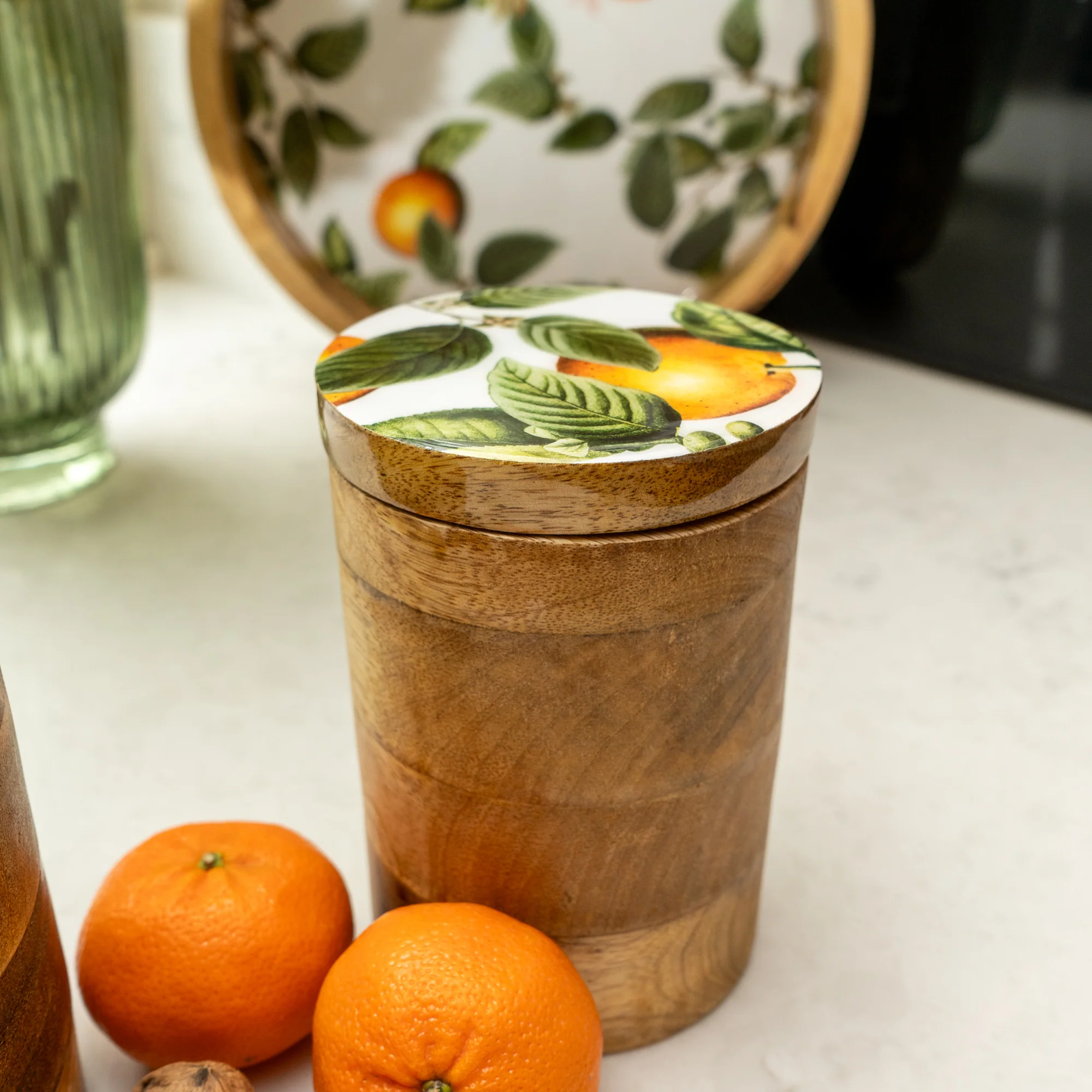 Small Storage Jar Mango Wood with Enamel Inlay Orange Blossom - White