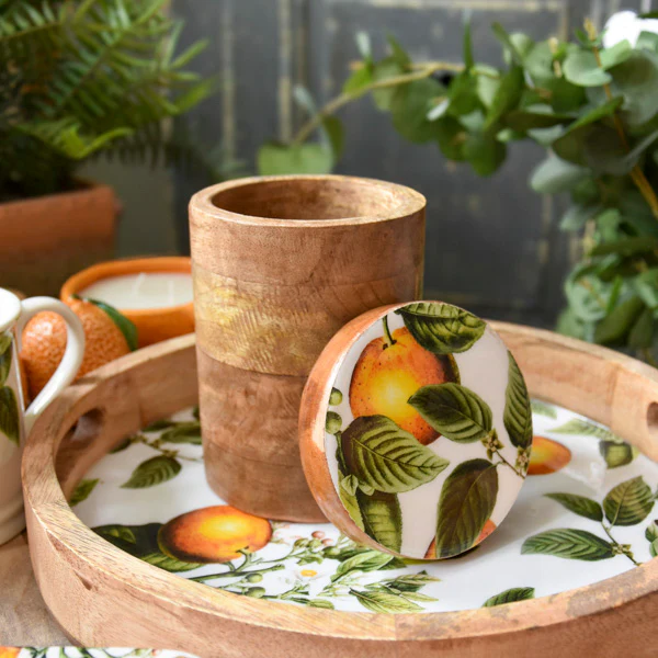 Small Storage Jar Mango Wood with Enamel Inlay Orange Blossom - White - Image 2