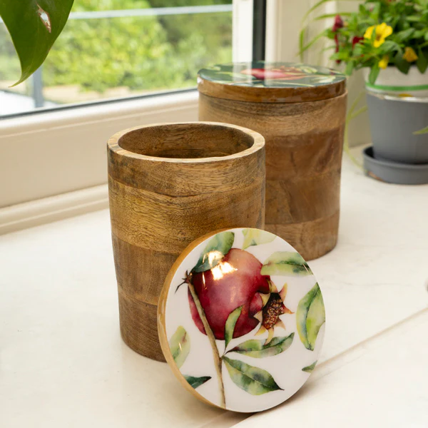 Small Storage Jar Mango Wood with Enamel Inlay Pomegranate - White