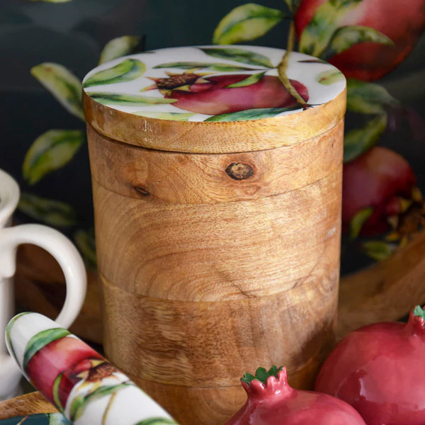 Small Storage Jar Mango Wood with Enamel Inlay Pomegranate - White - Image 2