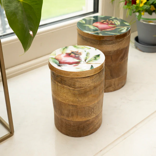 Small Storage Jar Mango Wood with Enamel Inlay Pomegranate - White - Image 3