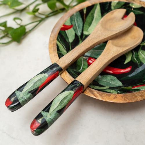 Spoon and Fork Set - Mango Wood with Chilli Print