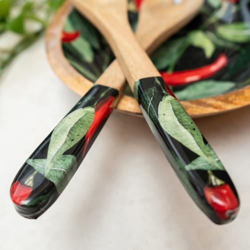 Spoon and Fork Set - Mango Wood with Chilli Print - Image 2