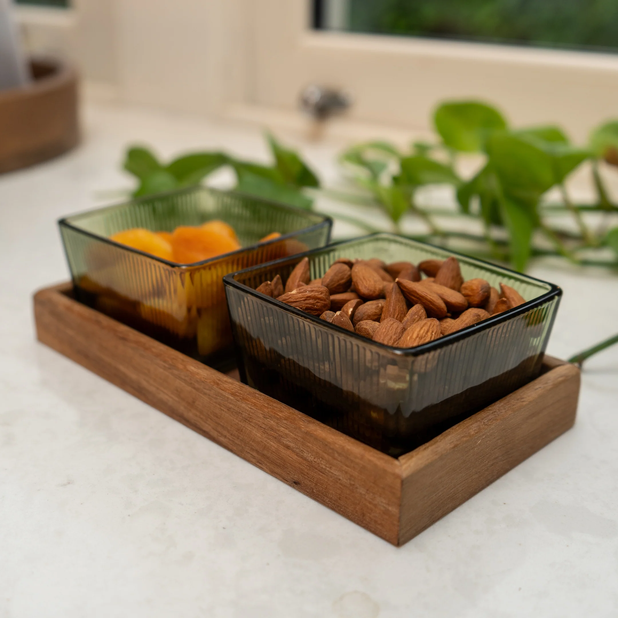 Elegant Green Glass Bowls with Acacia Wooden Tray