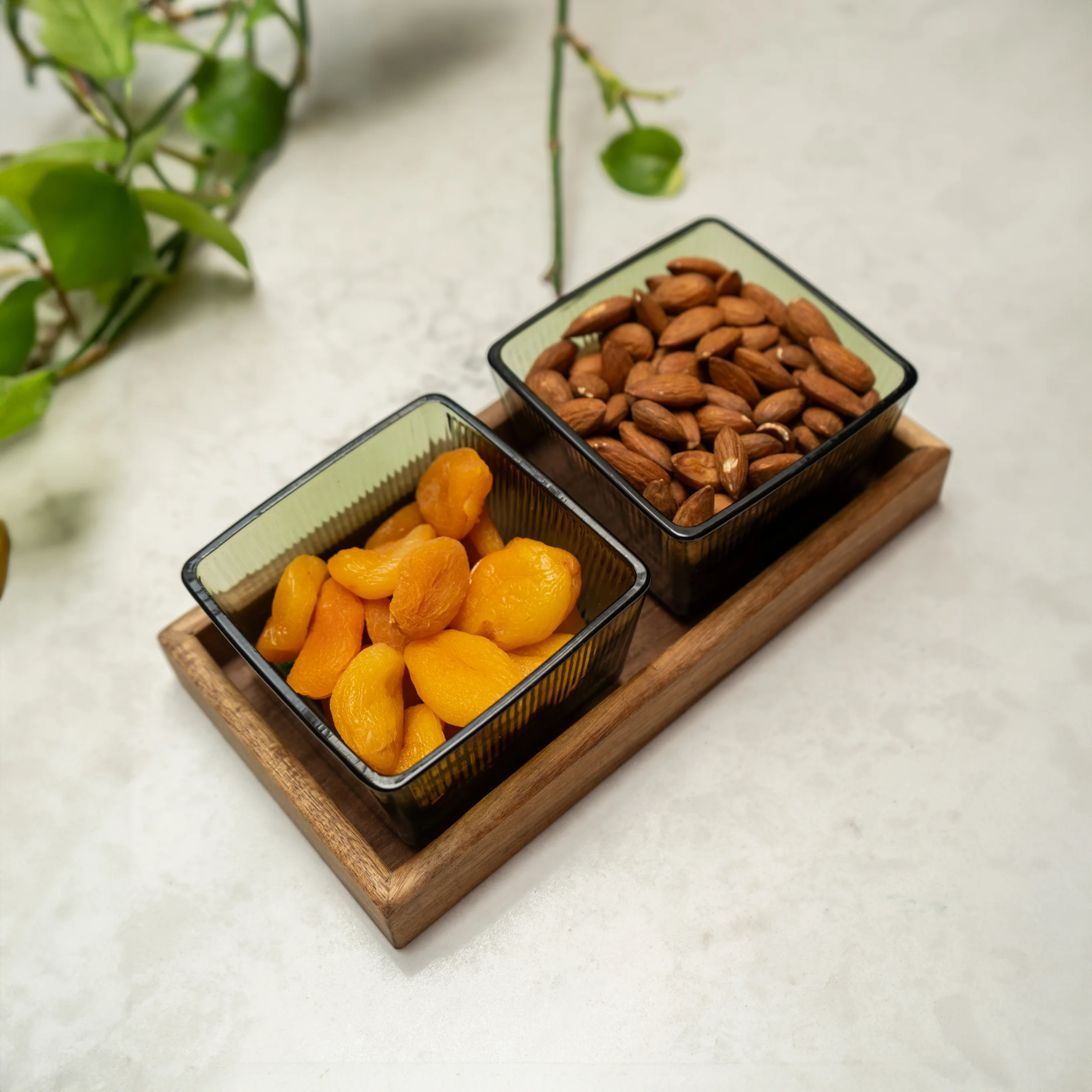Elegant Green Glass Bowls with Acacia Wooden Tray - Image 2