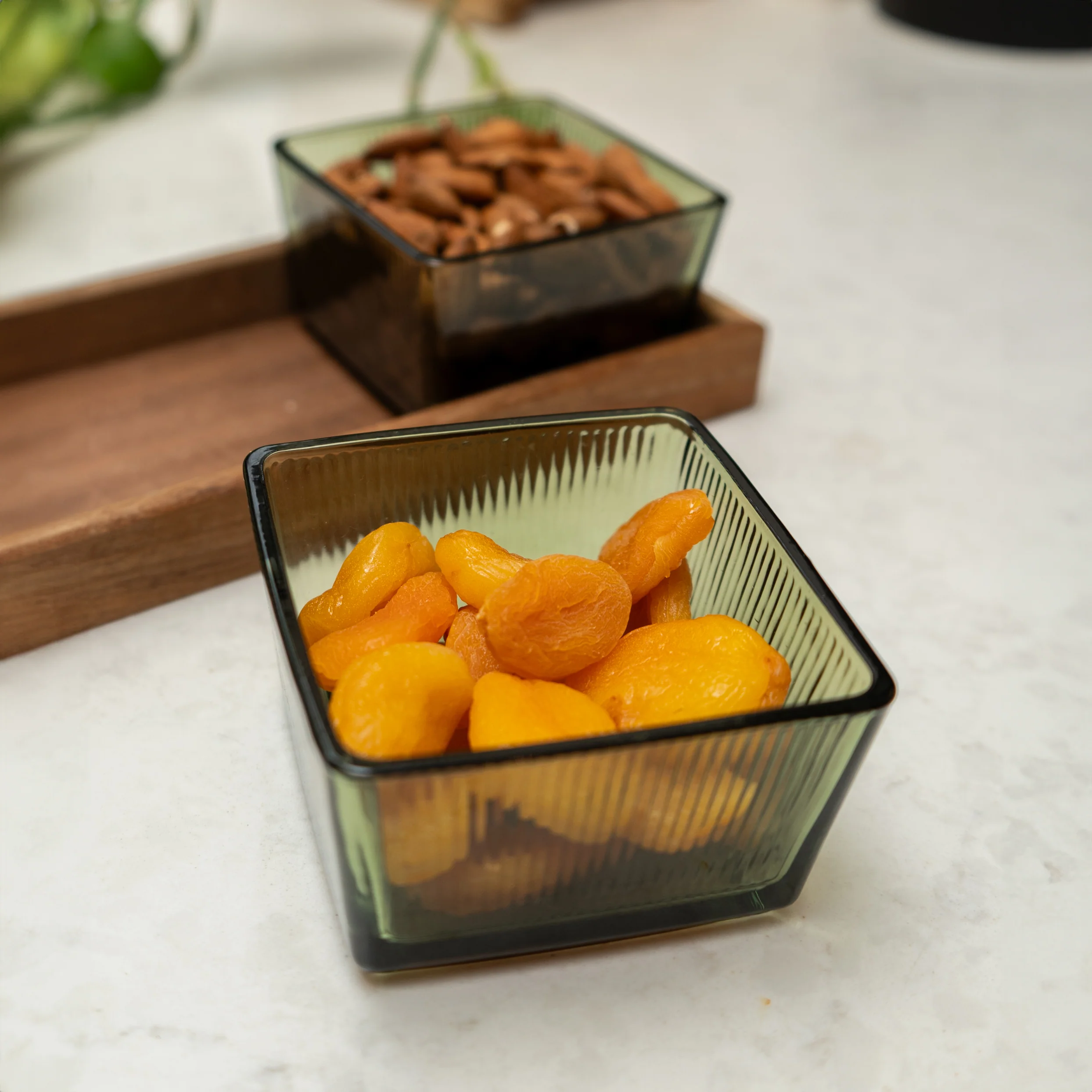 Elegant Green Glass Bowls with Acacia Wooden Tray - Image 3