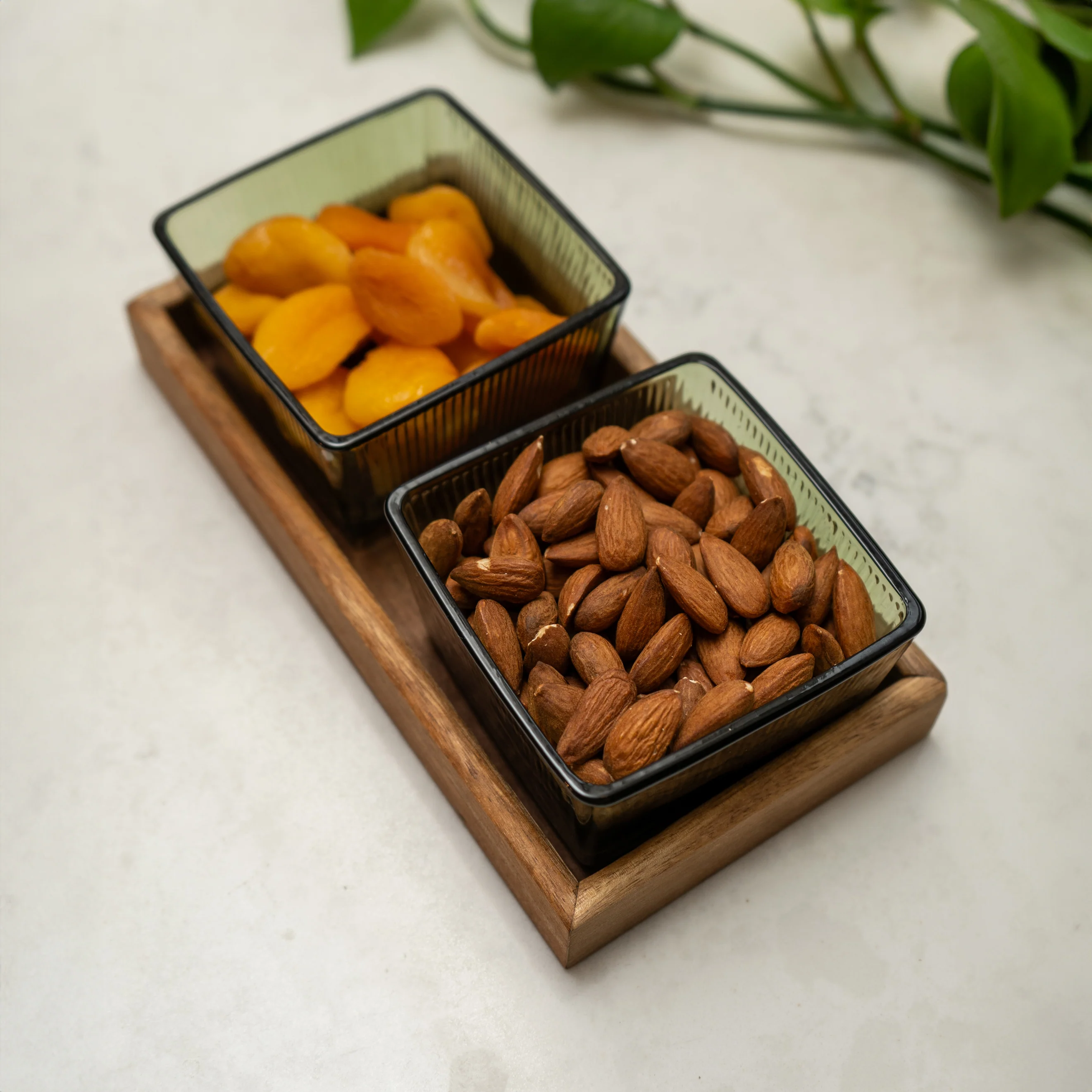 Elegant Green Glass Bowls with Acacia Wooden Tray - Image 4