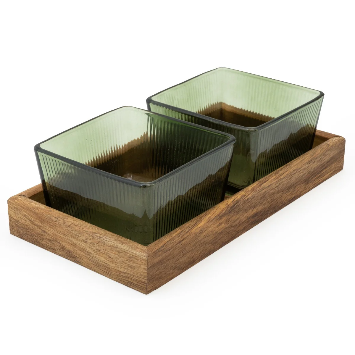 Elegant Green Glass Bowls with Acacia Wooden Tray - Image 6