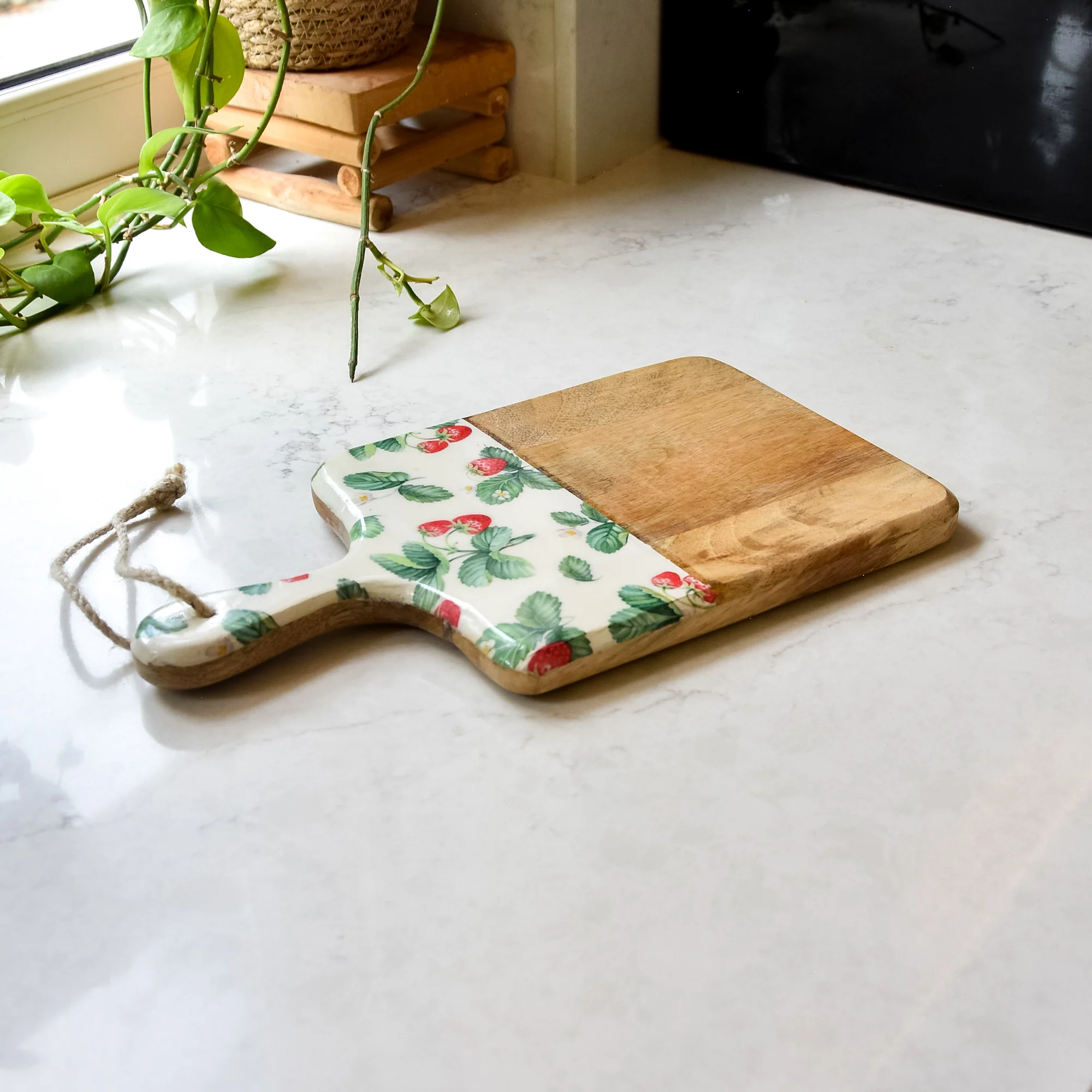 Enamel Printed Mango Wood Serving Paddle Board - Strawberry Patch