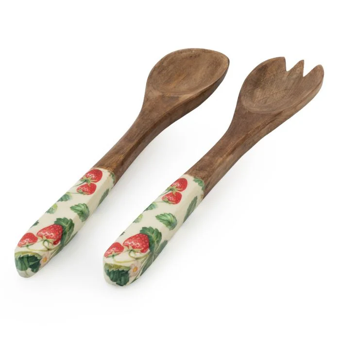 Enamel Printed Mango Wood Serving Spoon and Fork Set- Strawberry Patch - Image 2