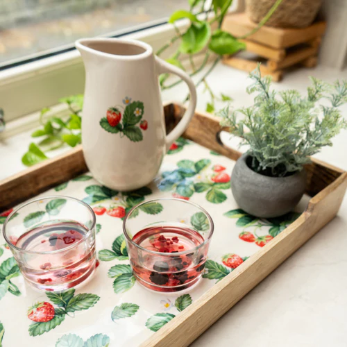Enchanting Strawberry Patch Rectangular Mango Wood Tray with Enamel Print - Image 2