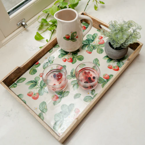 Enchanting Strawberry Patch Rectangular Mango Wood Tray with Enamel Print - Image 3