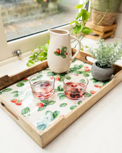 Enchanting Strawberry Patch Rectangular Mango Wood Tray with Enamel Print - Image 6