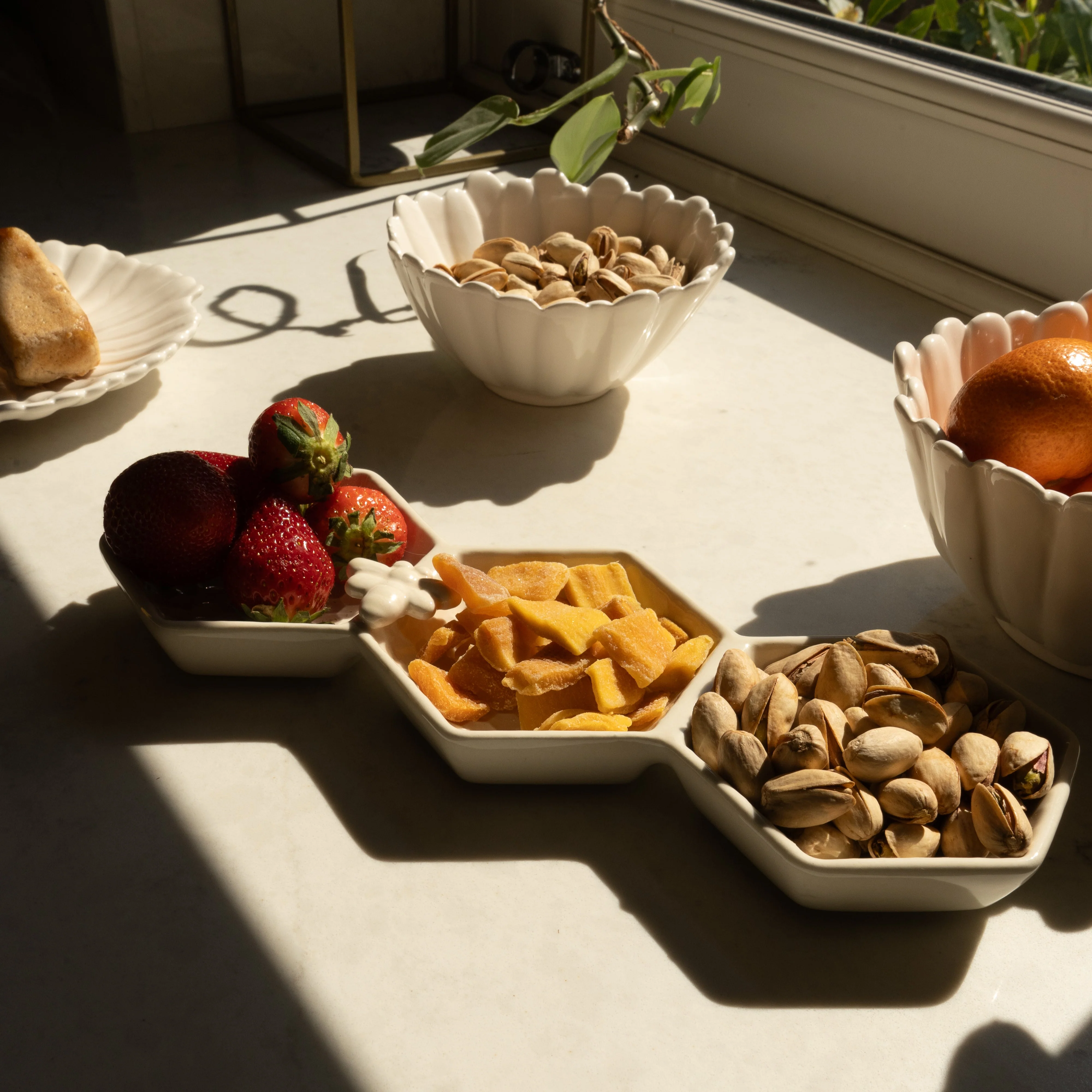 Three-Section Ceramic Dip Dish with Bee Detail