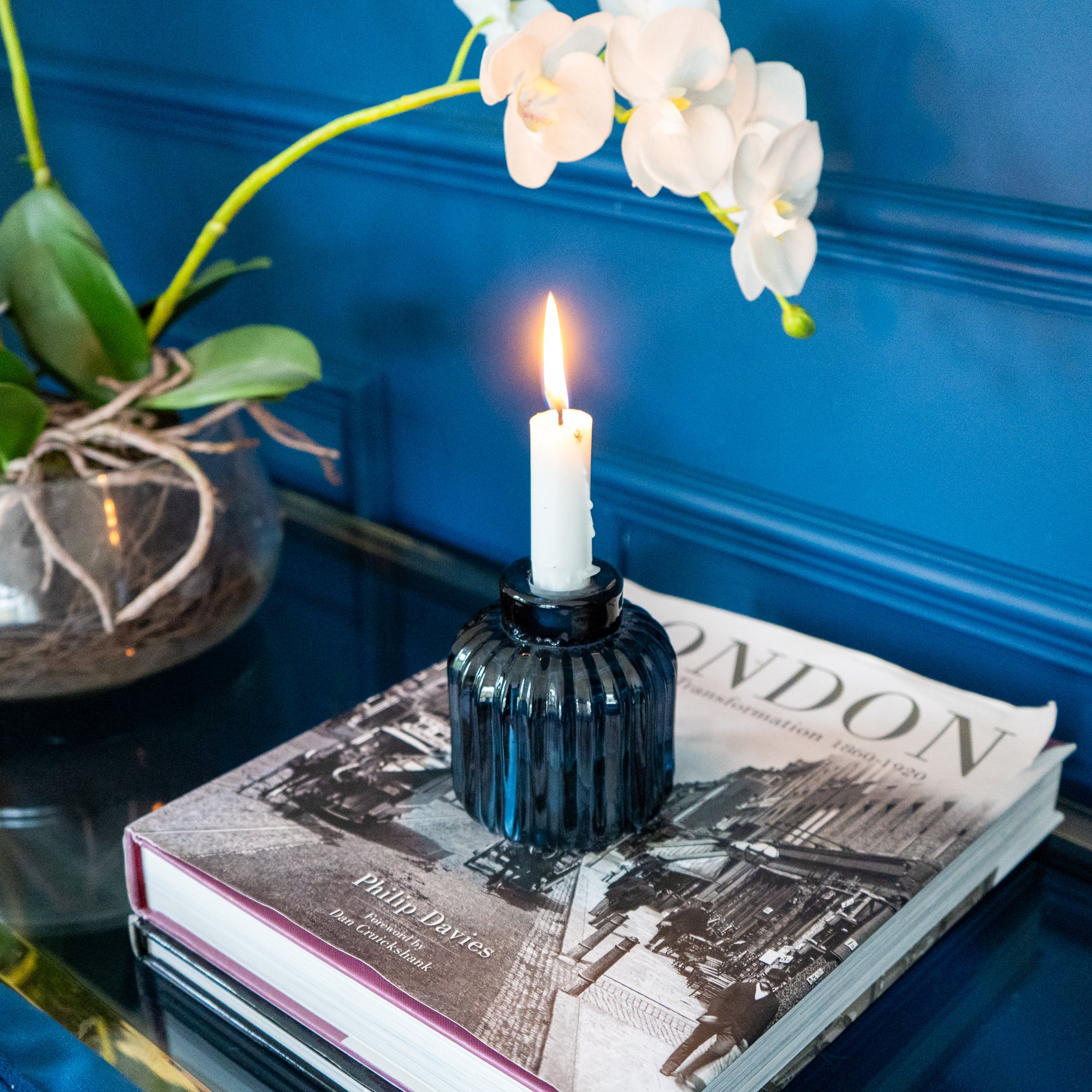 Two-Way Blue Ridged Glass Candleholder
