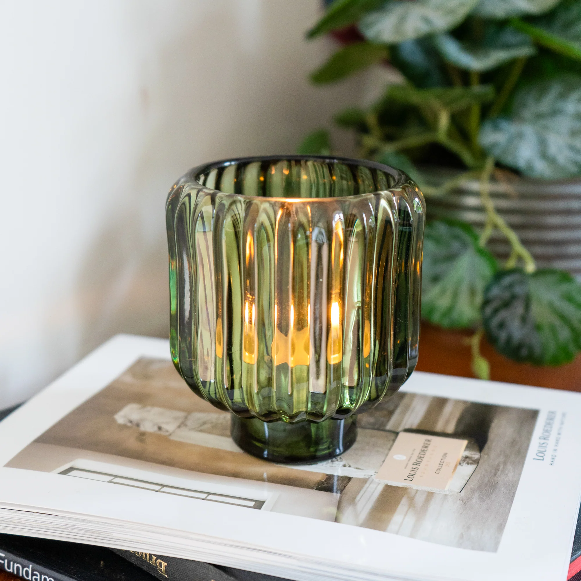 Green Two-Way Ridged Glass Candleholder