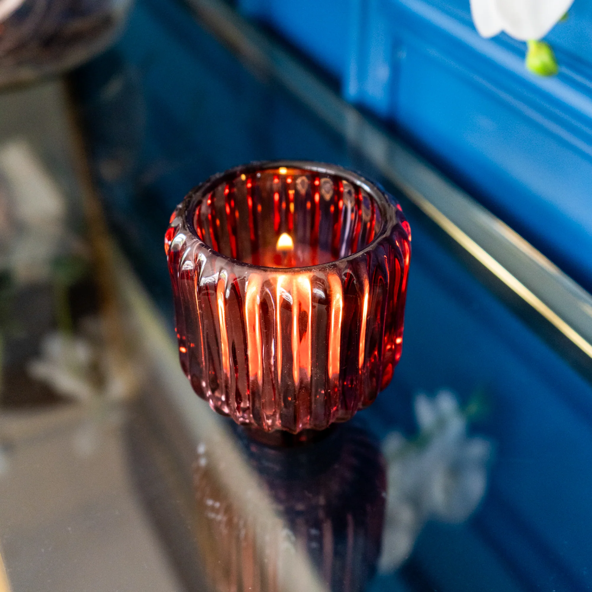 Two-Way Plum Ridged Glass Candleholder