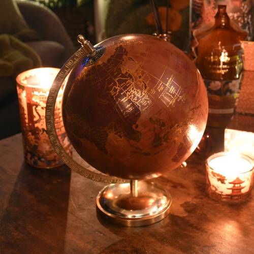 Vintage Orange & Burgundy World Globe with Gold Detailing