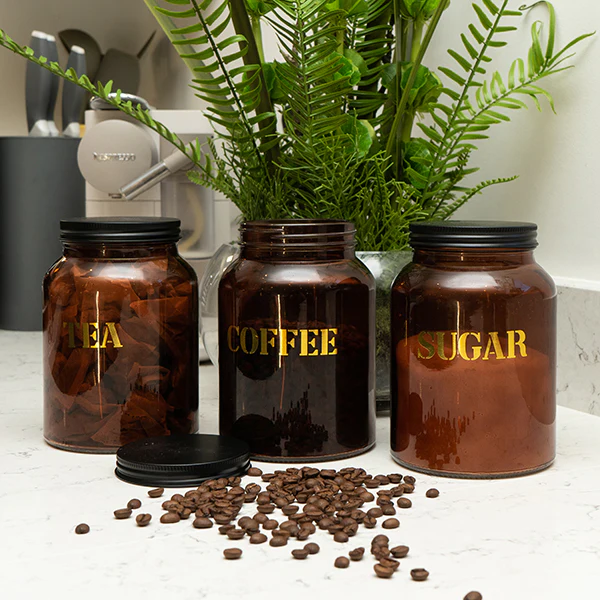Vintage Style Glass "Sugar" Storage Jar in Amber Gold