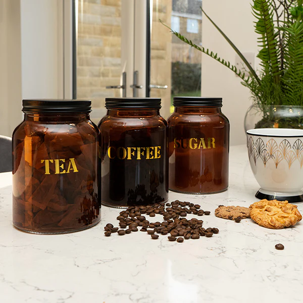Vintage Style Glass "Tea" Storage Jar in Amber Gold