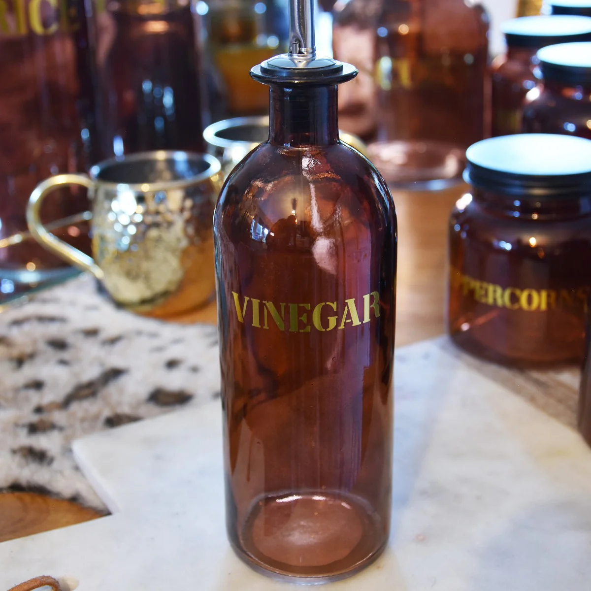 Vintage Style Glass Vinegar Storage Jar in Amber Gold