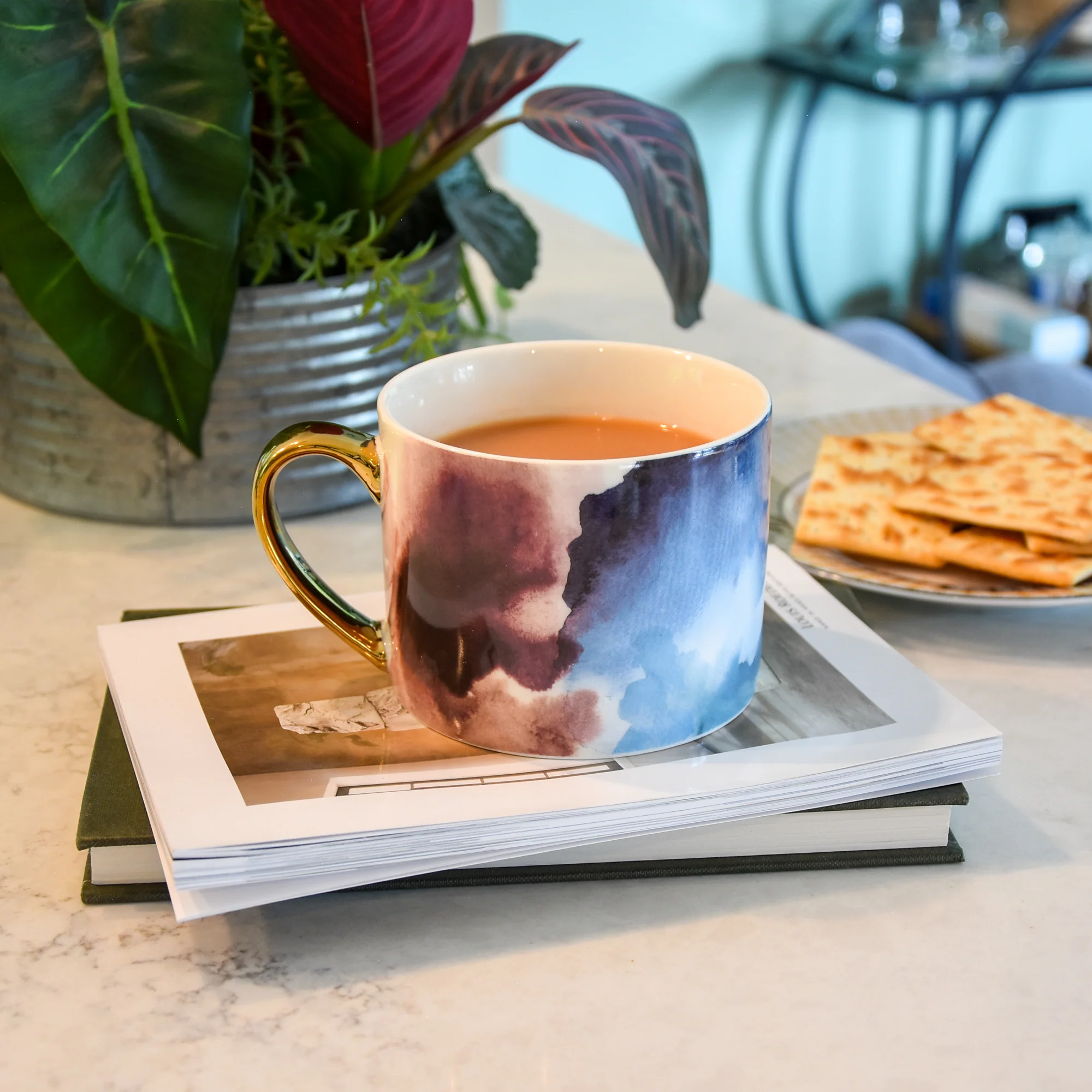 Watercolour Style Mug with a Gold Handle