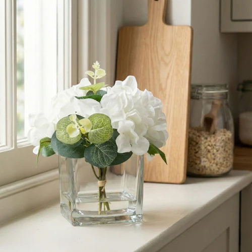 White Hydrangeas in Square Vase – 17cm Hydrangea Flower Arrangement
