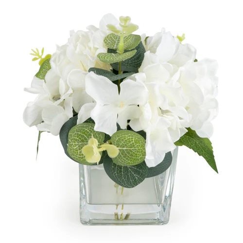 White Hydrangeas in Square Vase – 17cm Hydrangea Flower Arrangement - Image 2