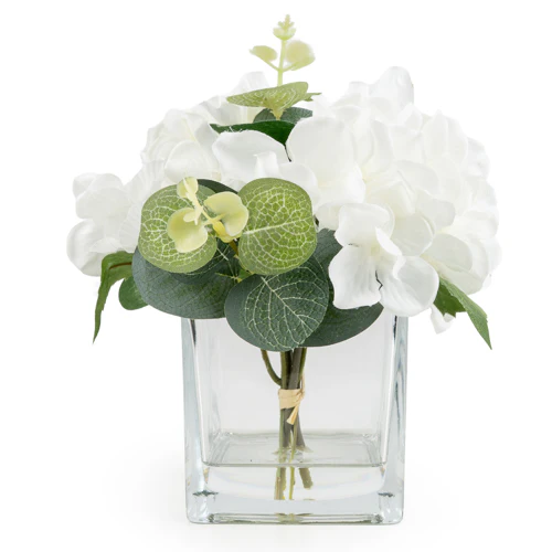 White Hydrangeas in Square Vase – 17cm Hydrangea Flower Arrangement - Image 3