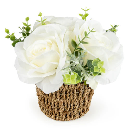White Roses in Seagrass Basket – 16cm Decorative Arrangement - Image 2