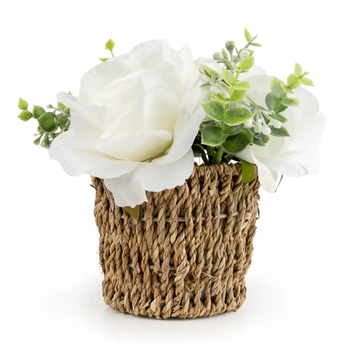White Roses in Seagrass Basket – 16cm Decorative Arrangement - Image 3