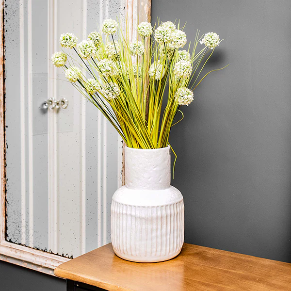 Art Deco Style Cream Vase with a Wide Neck and Ridges