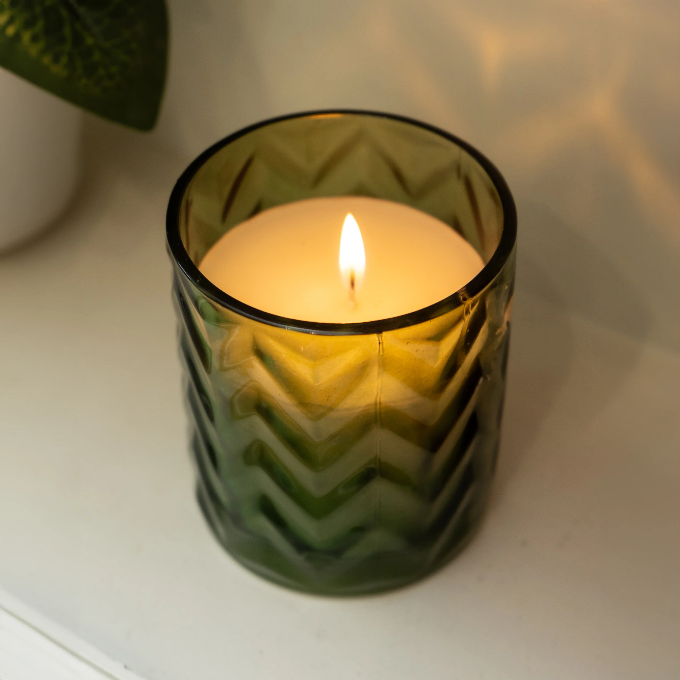 Large Zigzag Green Glass Candle Holder Infused with Mediterranean Lemon Grove Scent