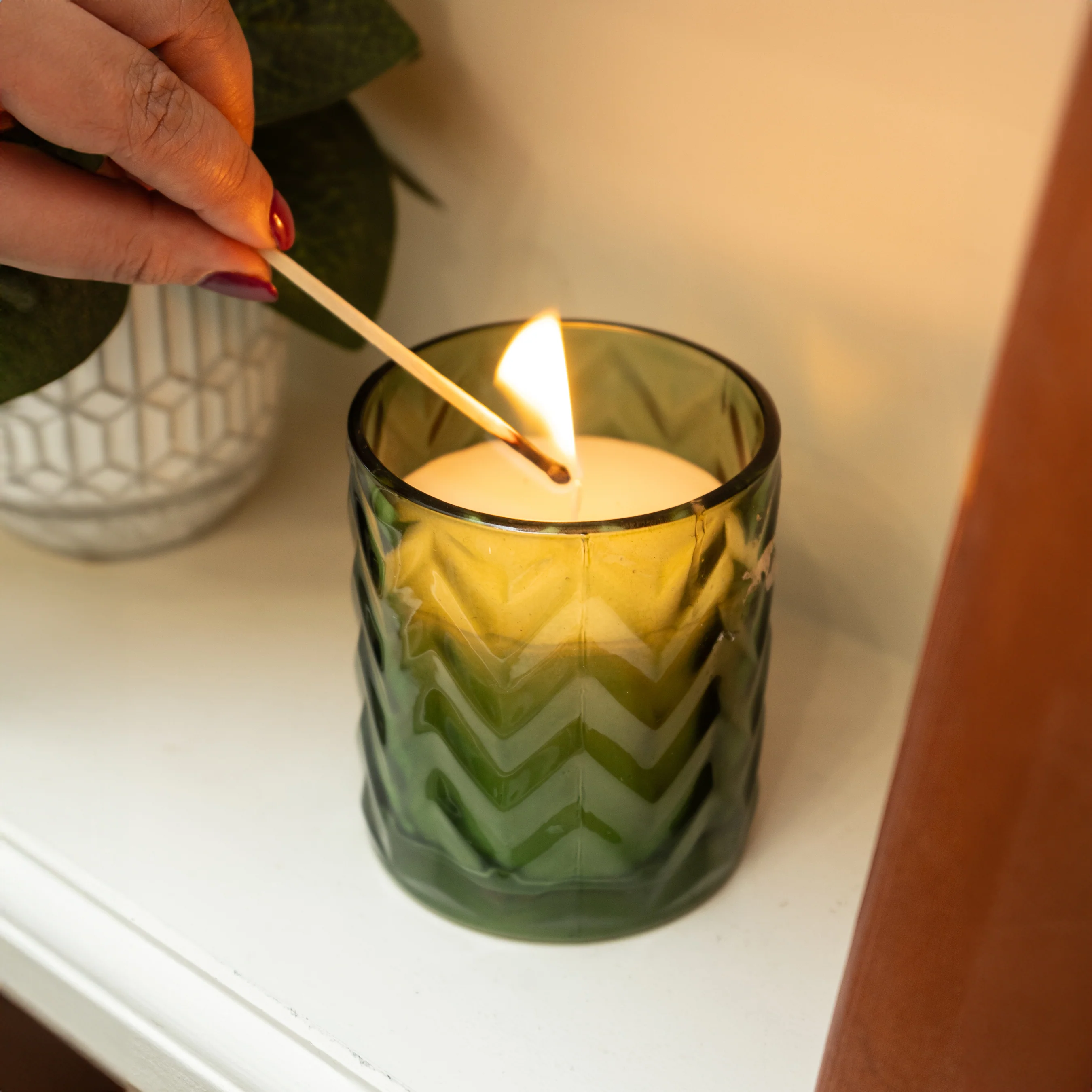Large Zigzag Green Glass Candle Holder Infused with Mediterranean Lemon Grove Scent - Image 2